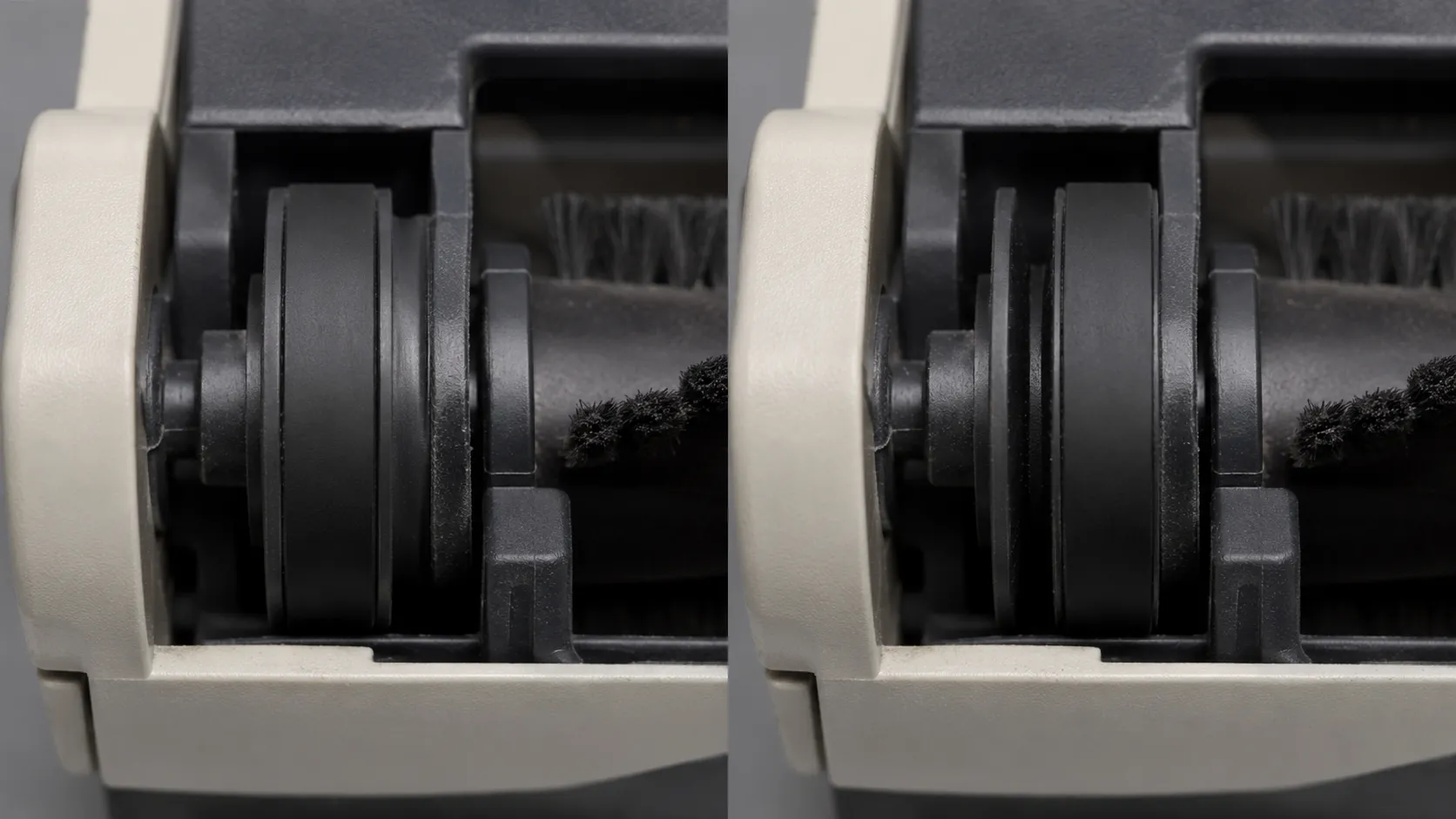 Side-by-side close-up of a vacuum drive belt seated correctly in the centre of the brush roll pulley and shifted toward the outer edge 40 seconds later.