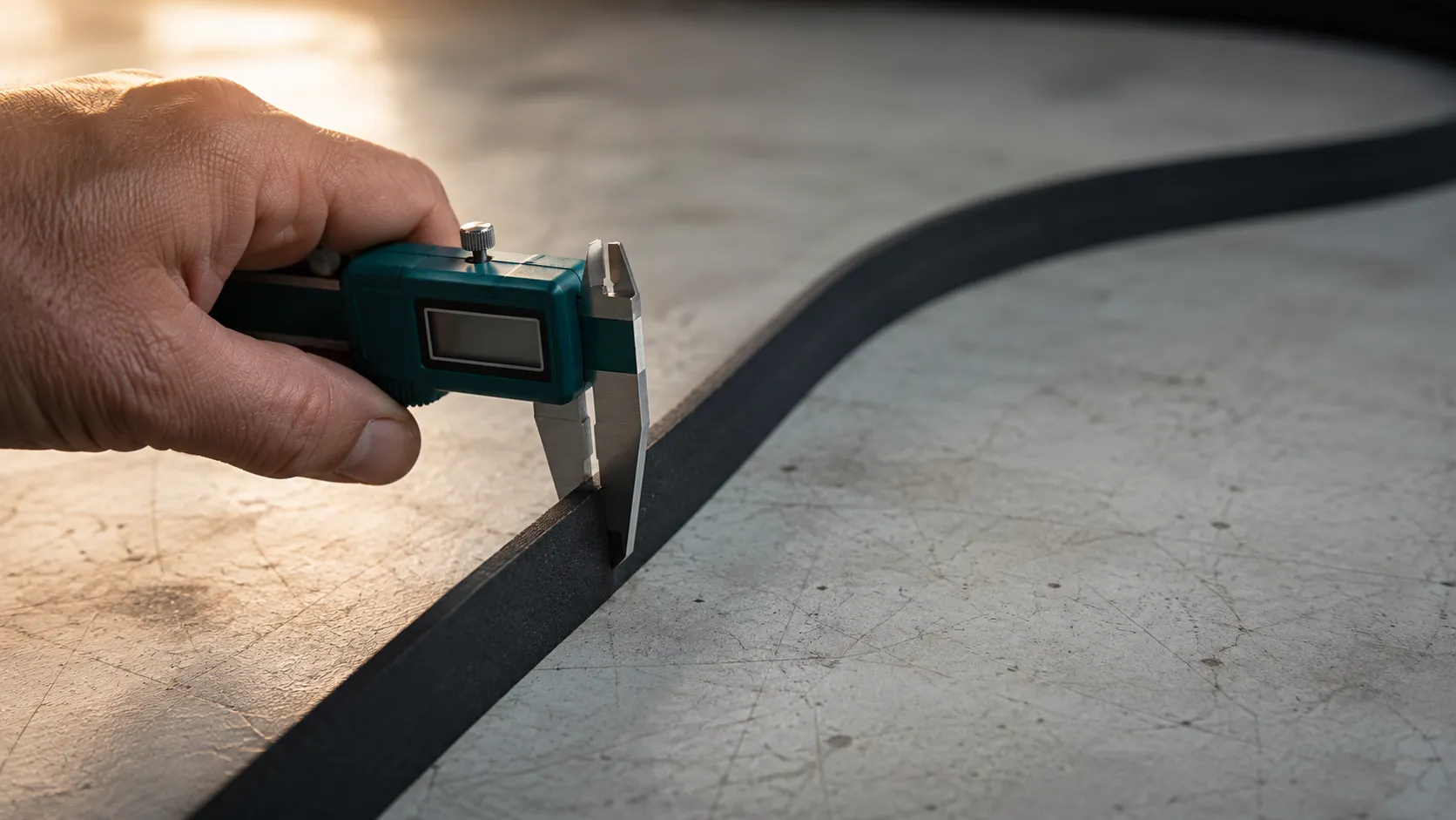 Digital caliper measuring a black vacuum drive belt on a workbench, documenting the difference between the stretched 438 mm old belt and the 410 mm replacement.