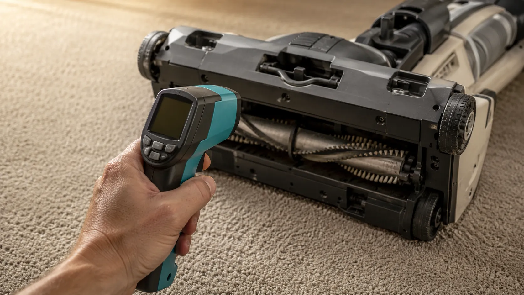 Infrared thermometer measuring the belt housing of an upended upright vacuum after six minutes in Hard Floor mode on cut-pile carpet, with the belt path reaching 64°C.