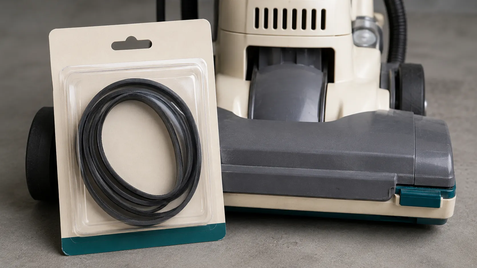 Replacement vacuum belt packaging shown beside an upright vacuum base, illustrating that the belt may fit multiple Eureka platforms rather than every model universally.