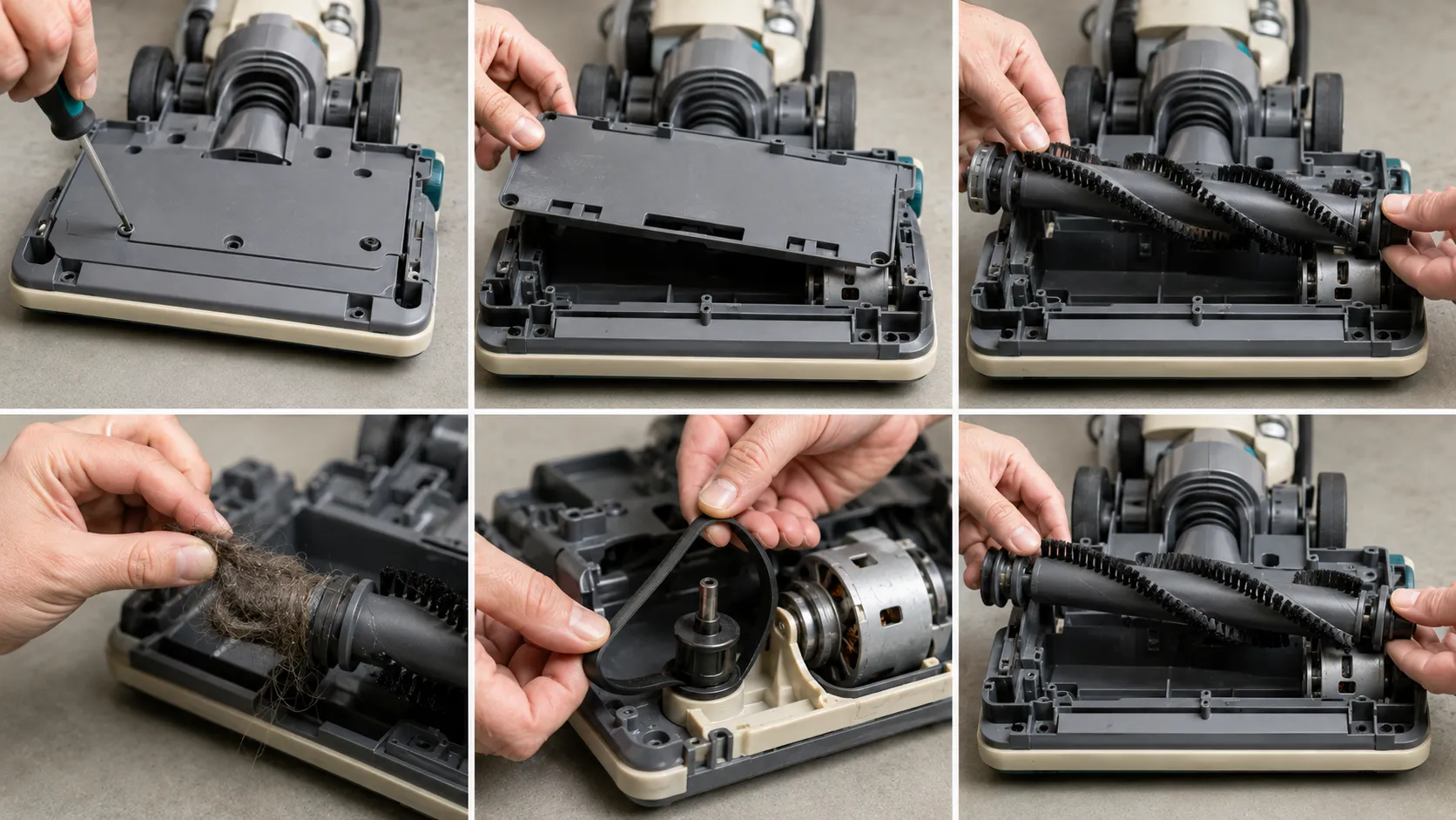 Six-frame sequence showing removal of the bottom plate and brush roll, clearing tangled hair, fitting the new drive belt and reinstalling the brush roll.