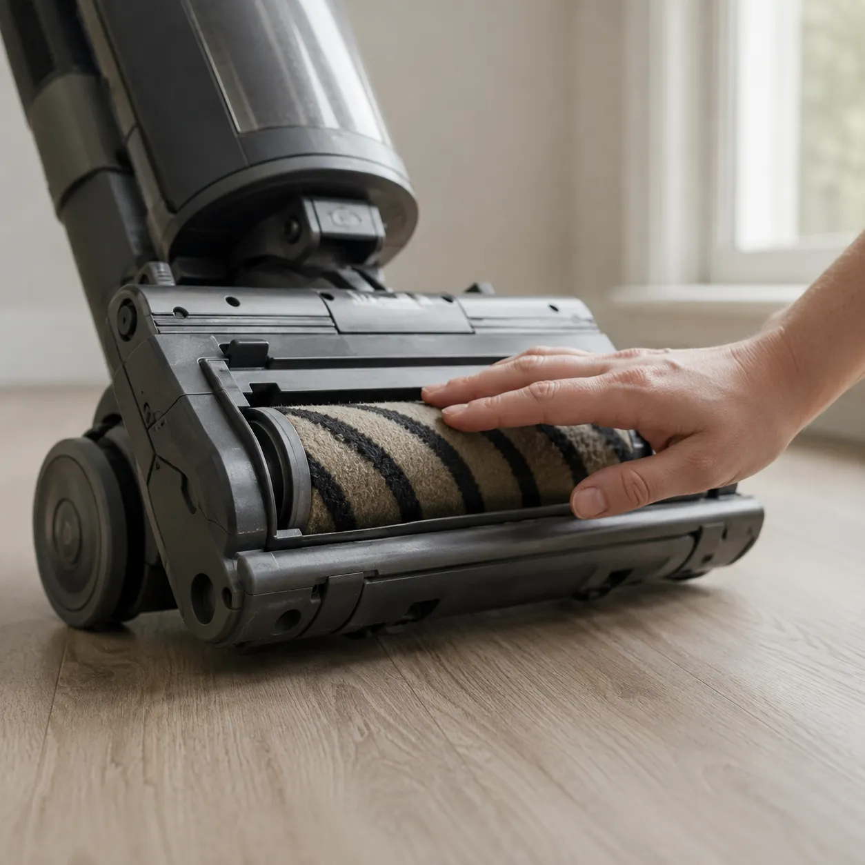 Hand checking the brush roller on a tilted upright vacuum to diagnose why a Eureka vacuum is not working.