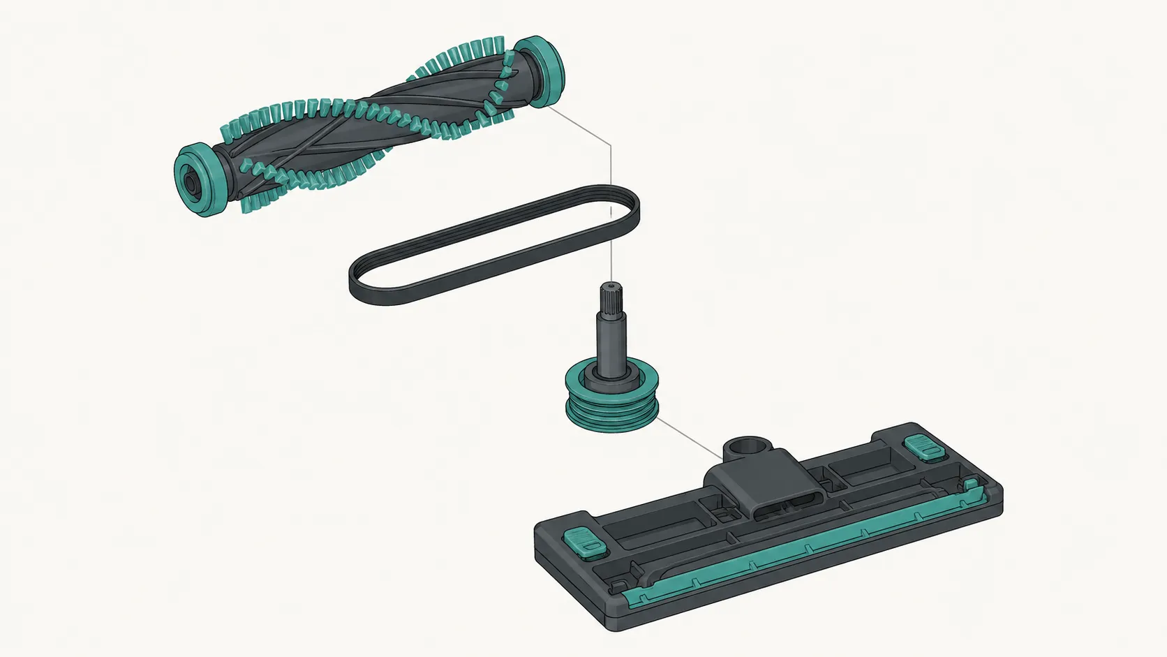 Exploded technical diagram showing how a flat drive belt connects the motor shaft and pulley to the brush roll inside a belt-driven Eureka upright vacuum floor head.