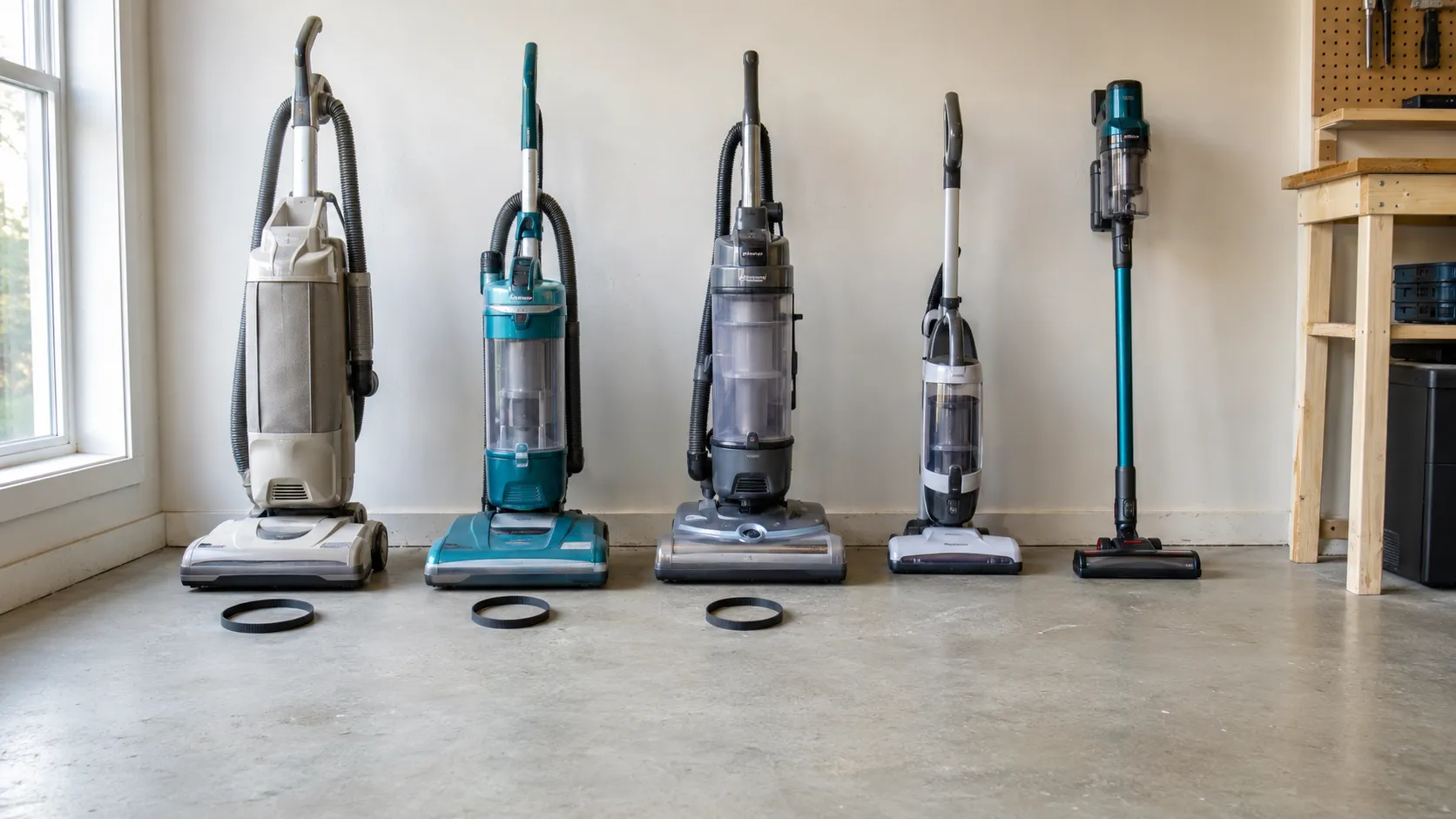 Five vacuum cleaners lined up with their compatible drive belts, showing which upright models use replacement belts and which beltless machines do not.
