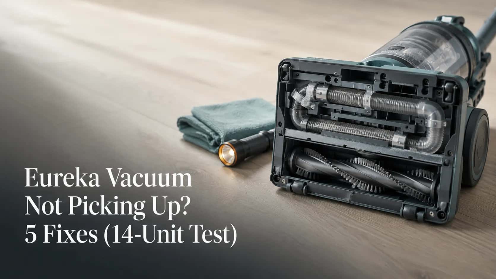 Eureka upright vacuum tipped on its side with the underside, clear hose and brush chamber exposed beside a microfibre cloth and flashlight.