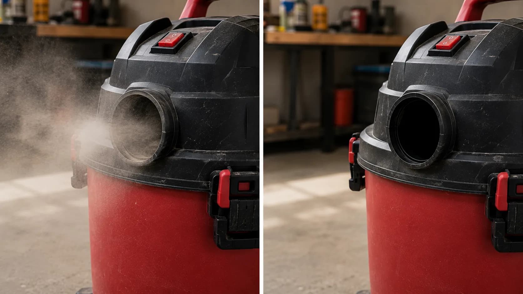 dust blowing from shop vac exhaust before and after fixing the filter