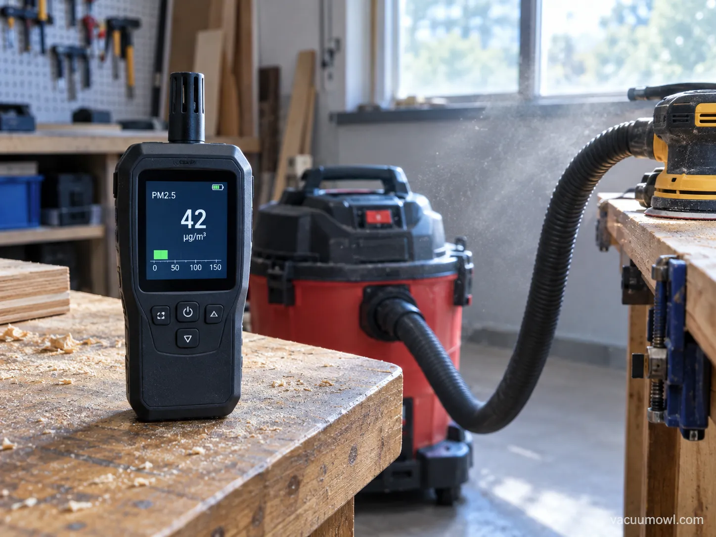particle counter beside a running shop vac during a fine-dust test