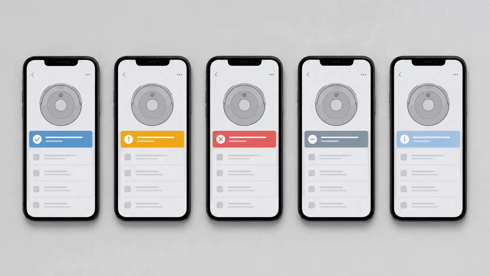 Five smartphones displaying different Roomba start failure status alerts reported by the app during testing.