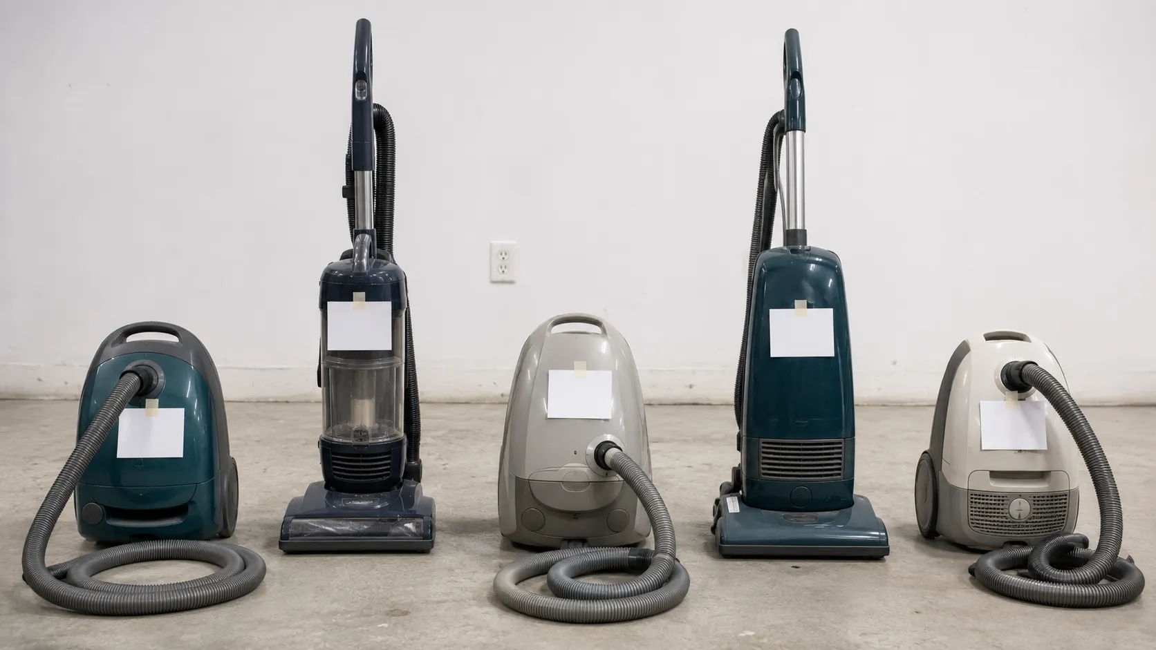 Five household vacuum cleaners lined up in a workshop before teardown, with blank identification cards marking each model and era.