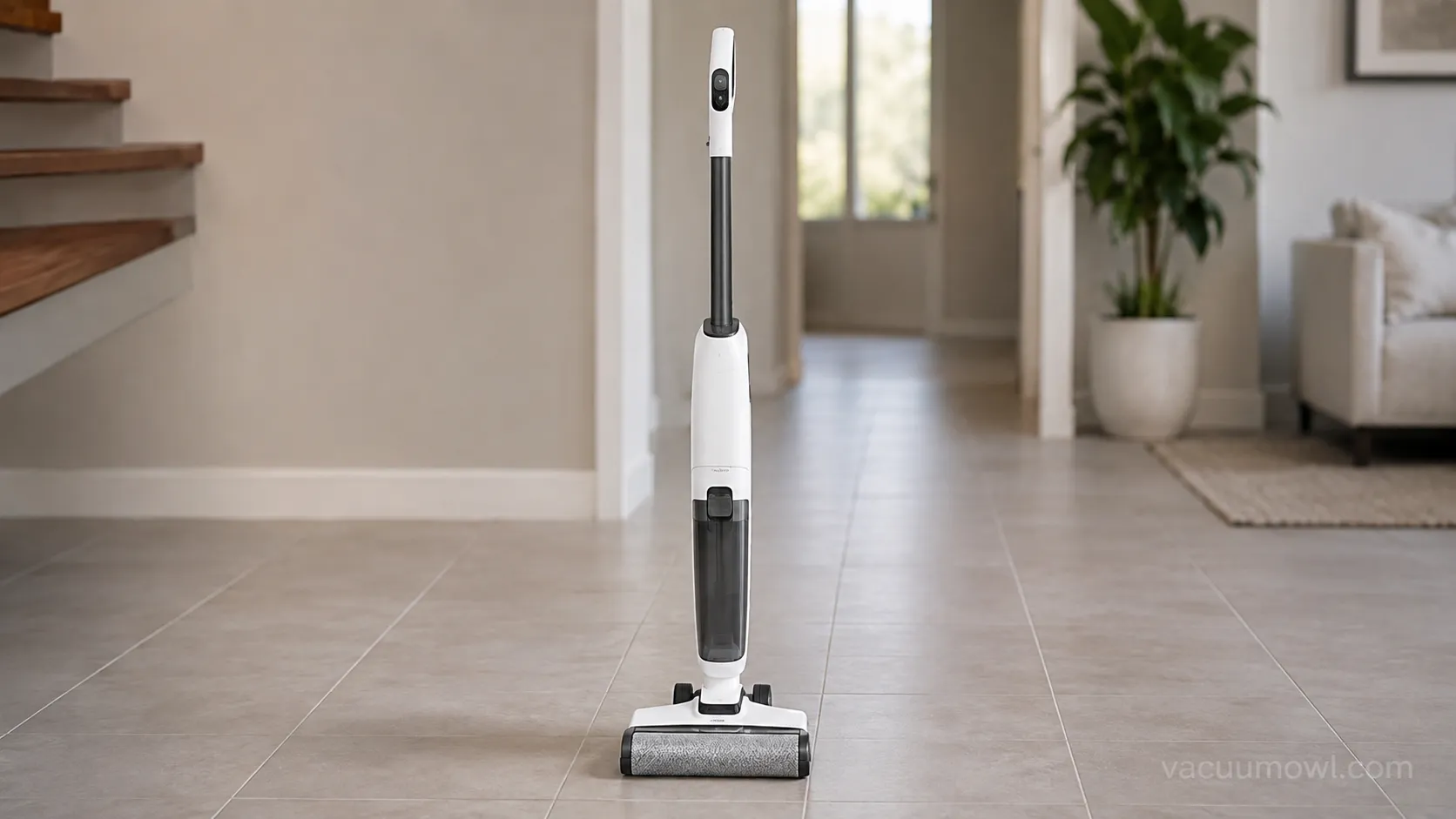 Cordless floor washer marked to show it has no drum and no blower port, so it is not a shop vac.