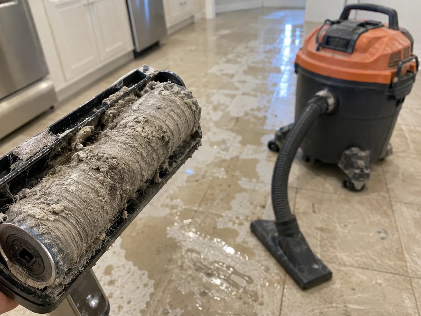 A floor washer roller clogged with drywall dust next to a shop vac that failed to mop.