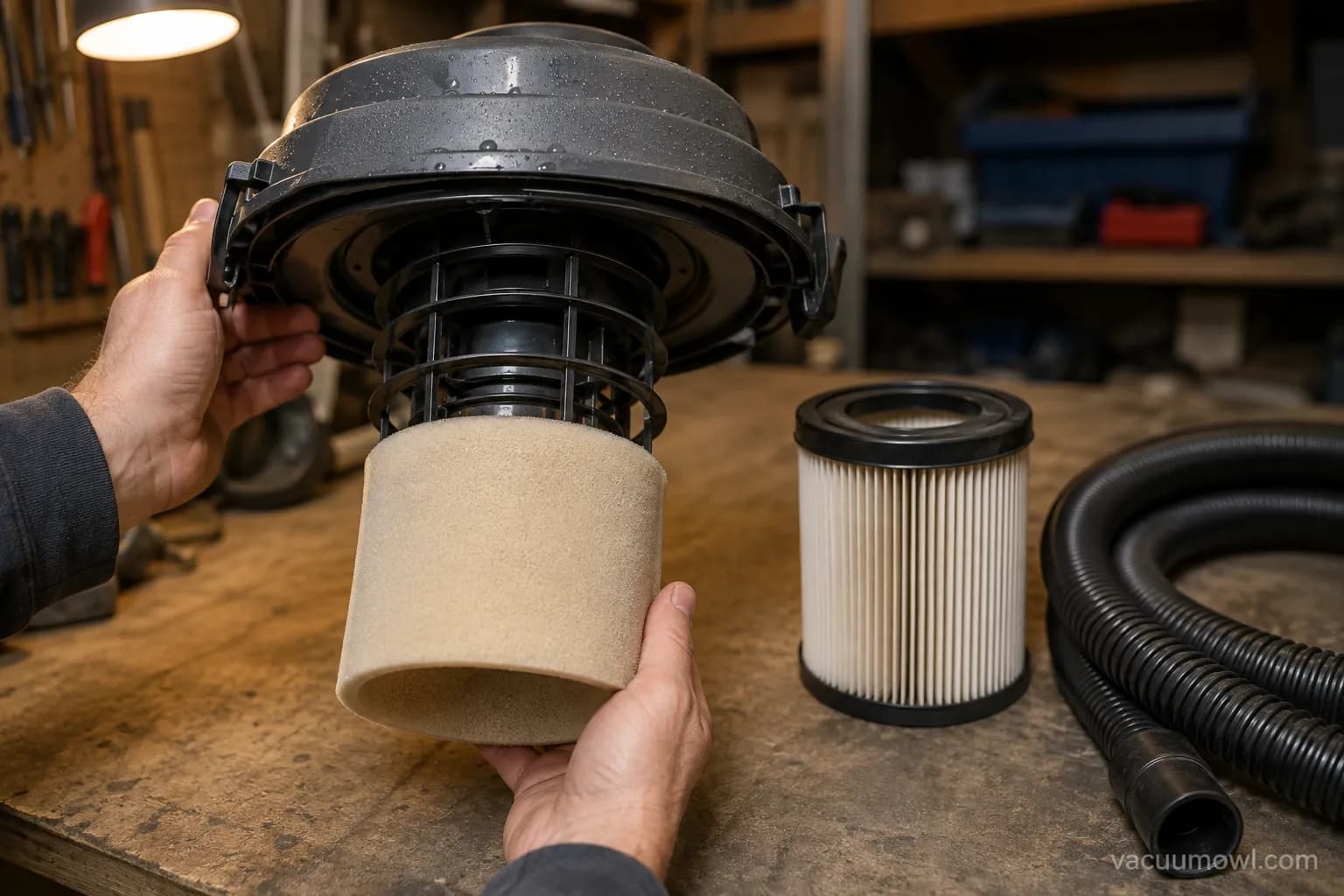 foam sleeve being fitted over a shop vac filter cage for water pickup