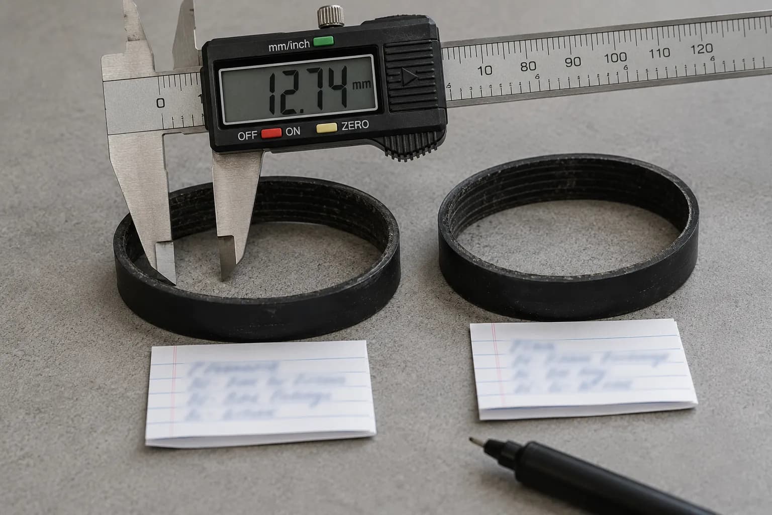 Genuine and aftermarket vacuum drive belts compared after four months of use, with digital calipers measuring belt width on a grey workbench.