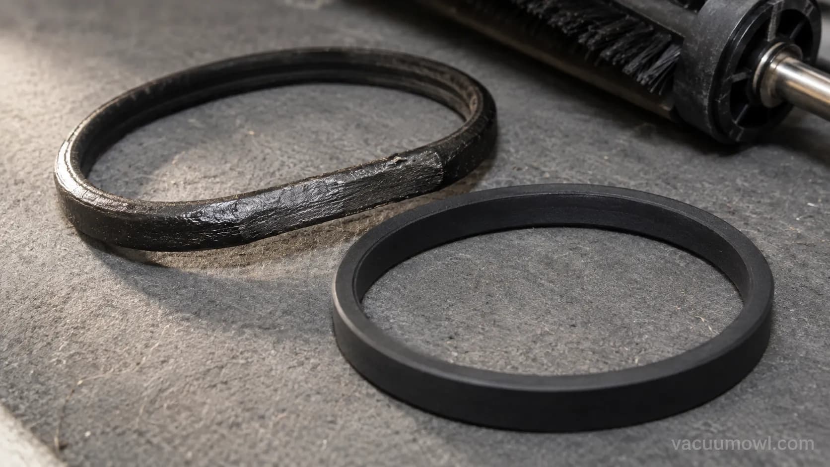 A glazed worn vacuum belt beside a new replacement belt.