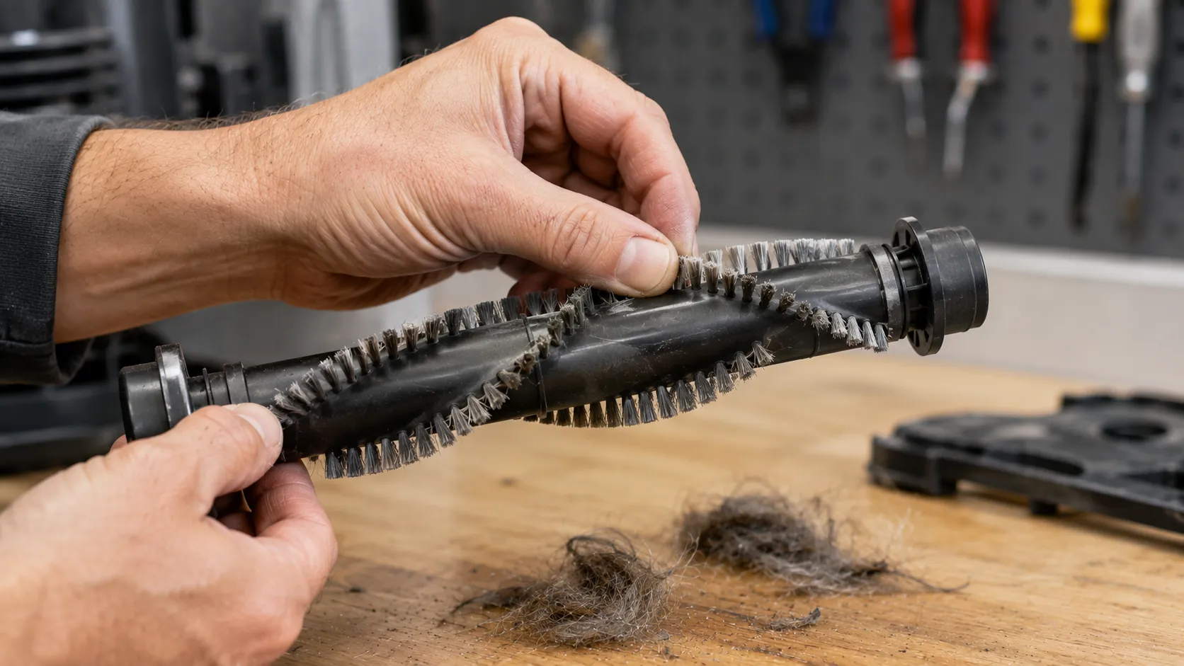 Hand spin-testing a vacuum brush roll that is not spinning to check for a jam.