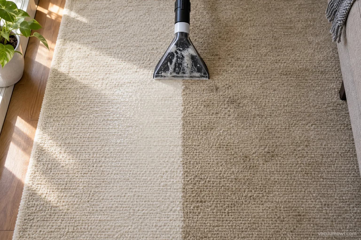 Carpet half cleaned with the HART 3-in-1 shampoo vac showing before and after.