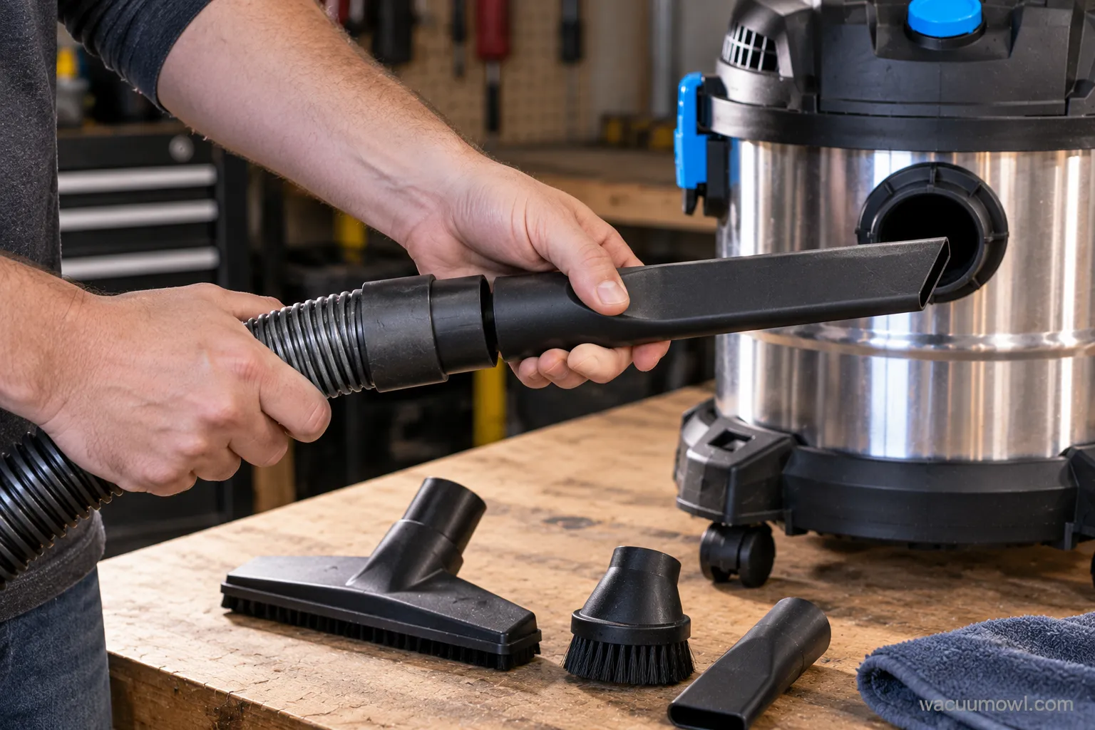 Standard shop-vac crevice tool being fitted onto a HART wet/dry vac hose.