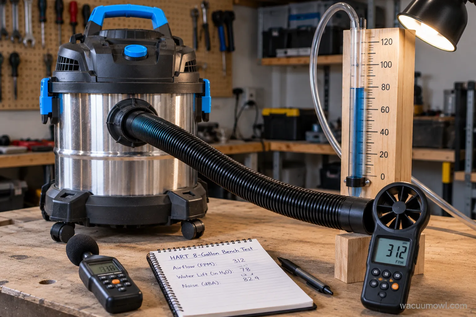 HART shop vac connected to an anemometer and water-lift gauge during bench testing.