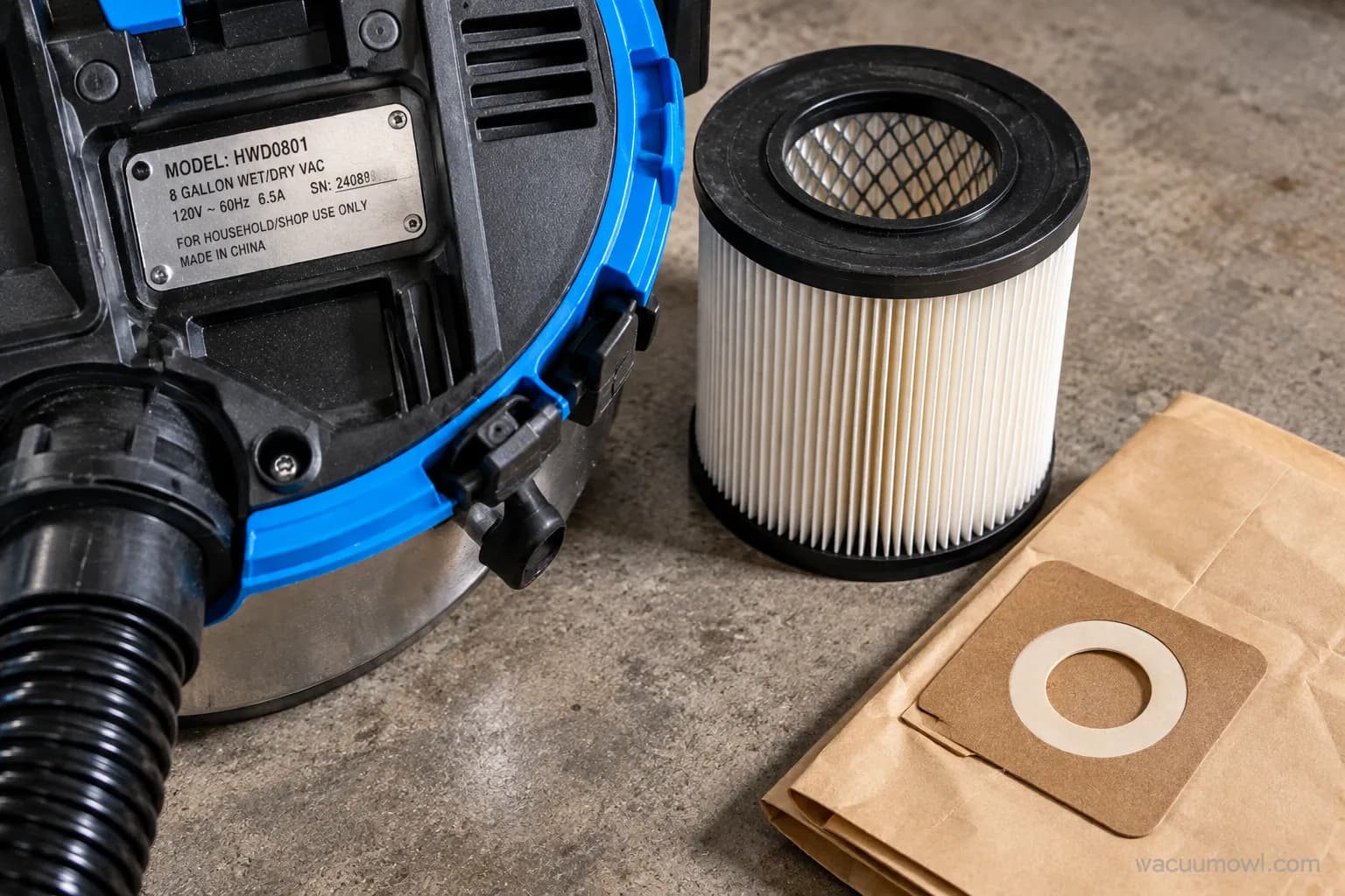 HART wet/dry vac model plate and shop-vac-compatible filter and bag.