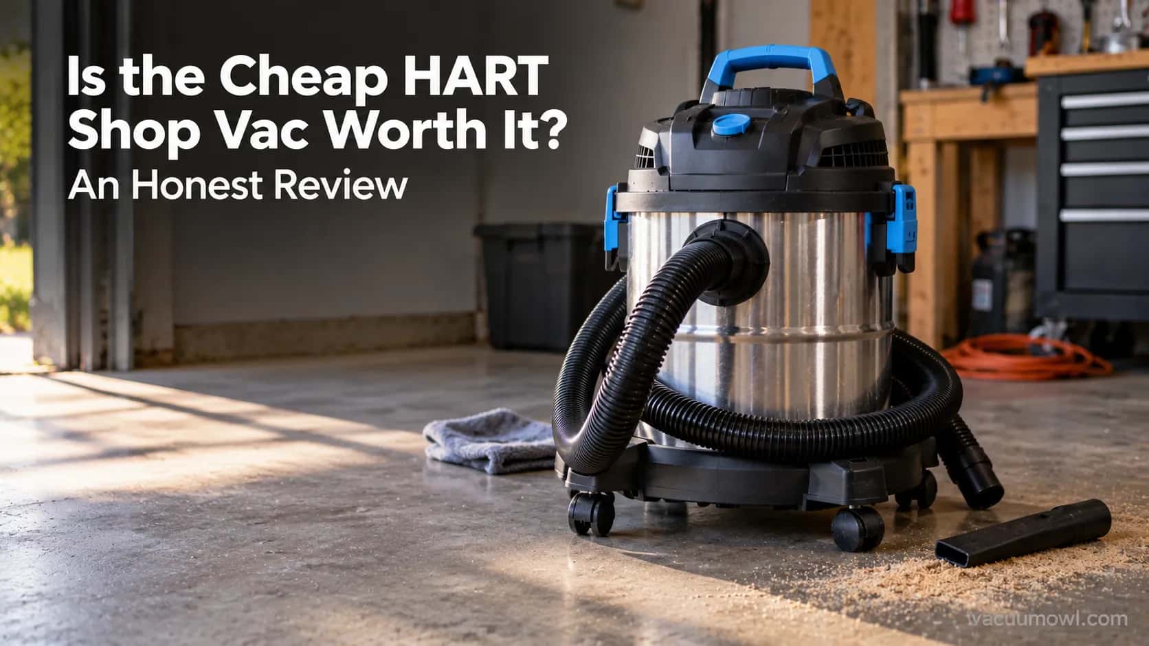 HART shop vac review cover showing a black-and-blue stainless wet/dry vacuum in a garage.
