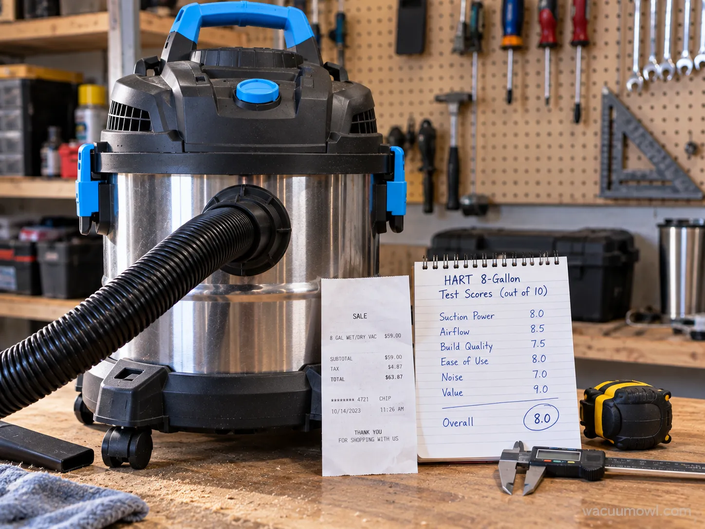 HART shop vac review verdict with our hands-on test score card and receipt.