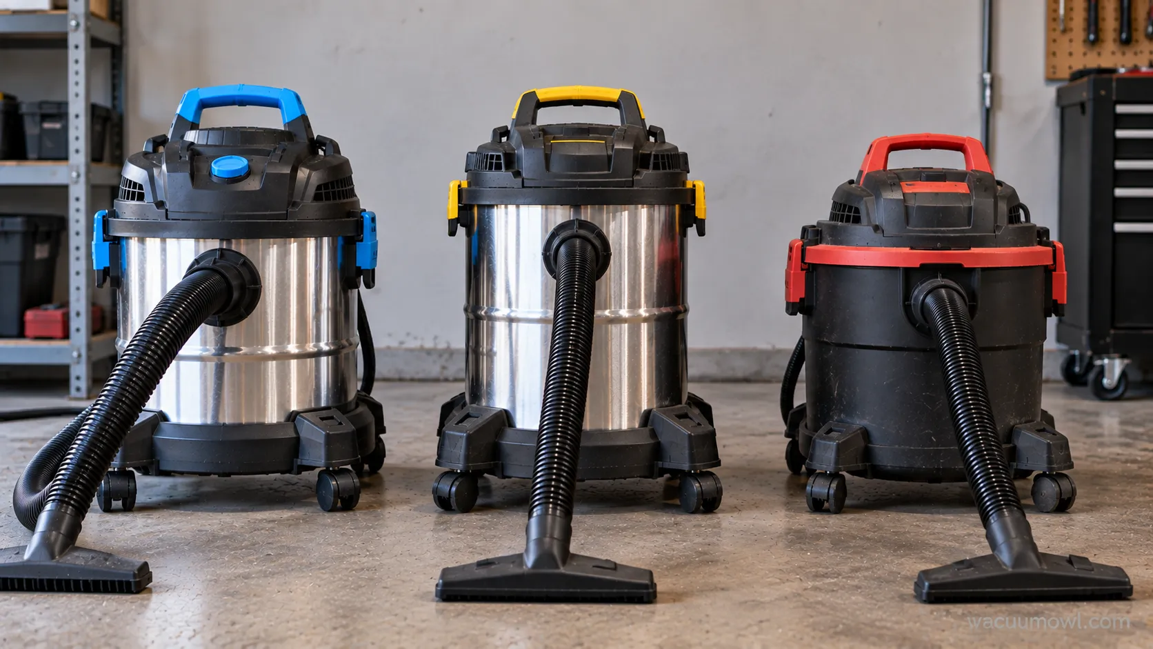 HART, Stanley, and Bauer budget wet/dry vacuums compared side by side.
