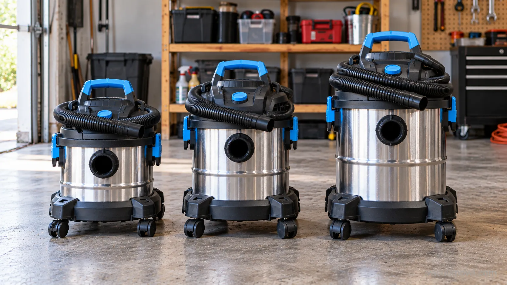 HART 7, 8, and 10 gallon wet/dry vacuums lined up by size.