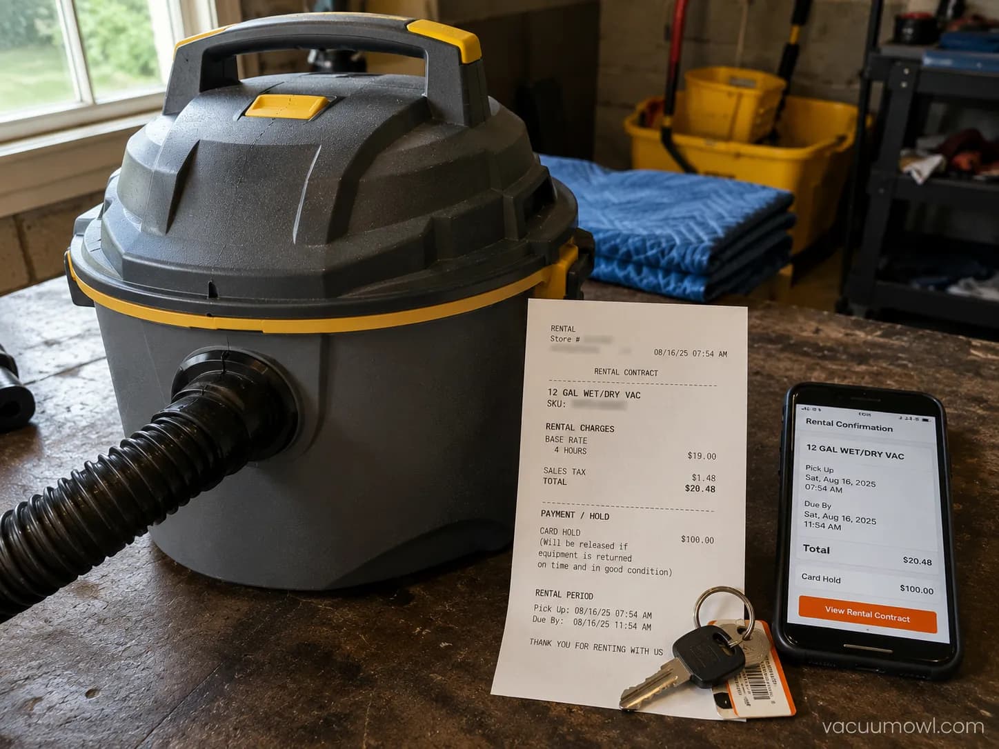 rented 12-gallon wet dry shop vac beside a Home Depot rental receipt showing the four-hour rate and deposit