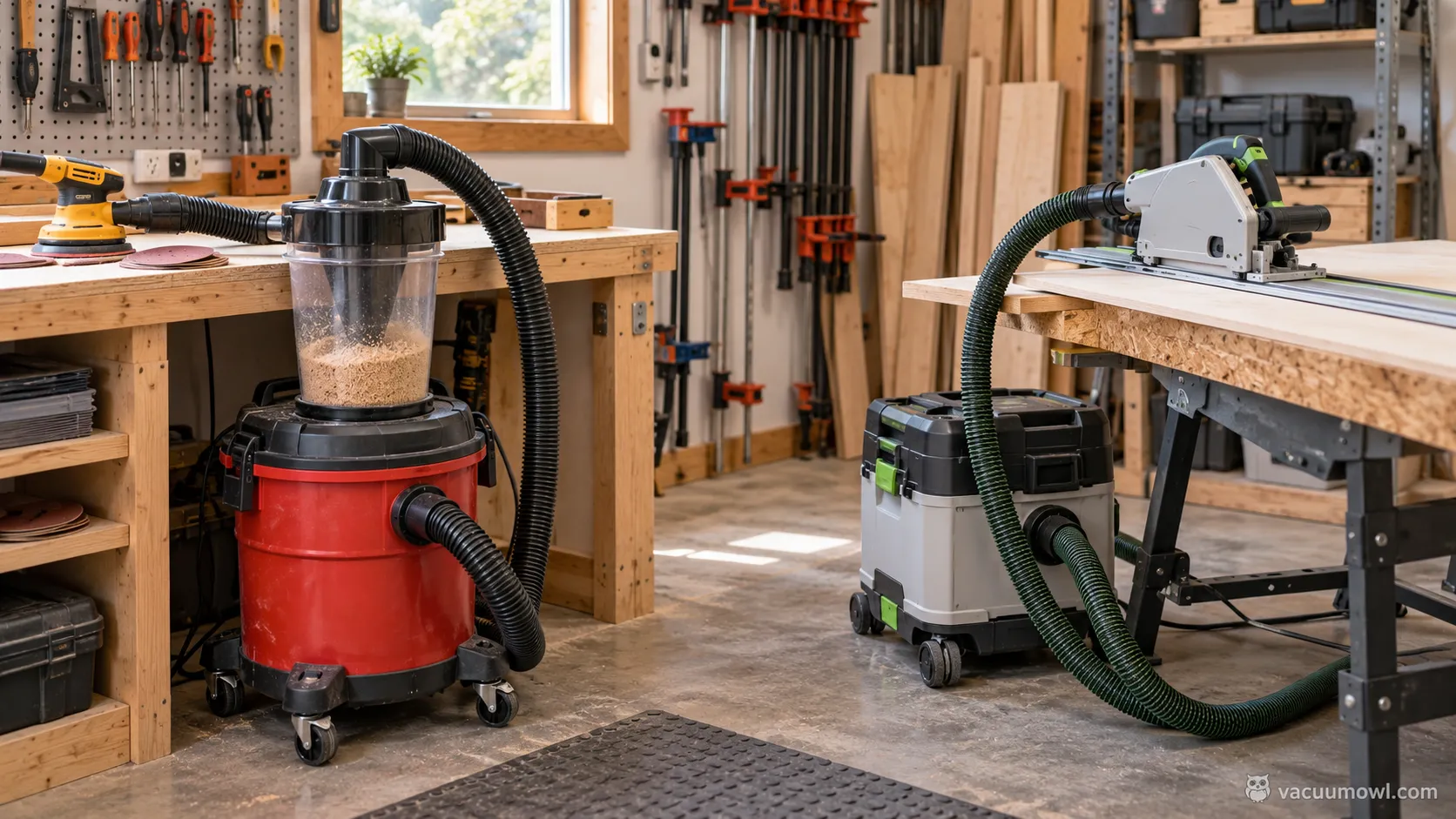 home workshop with a shop vac cyclone at the bench and an extractor at the track saw