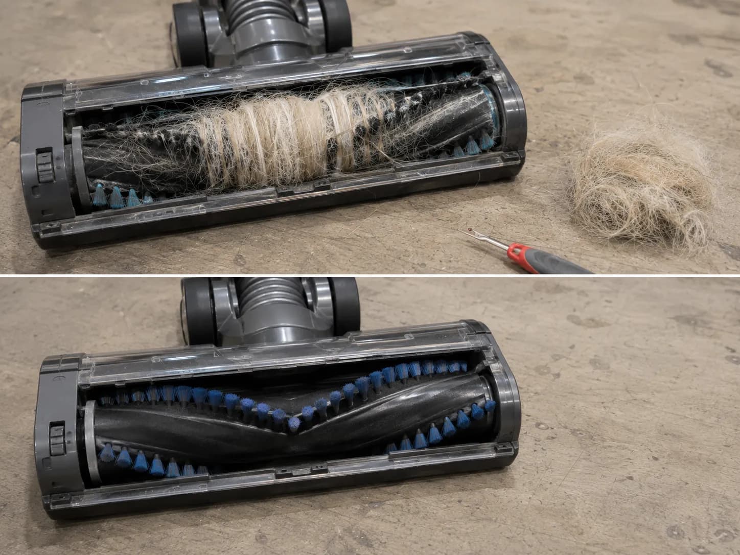 Before-and-after comparison of a cordless vacuum brushroll wrapped in animal hair and fully cleaned, showing how removing the blockage restores operation.