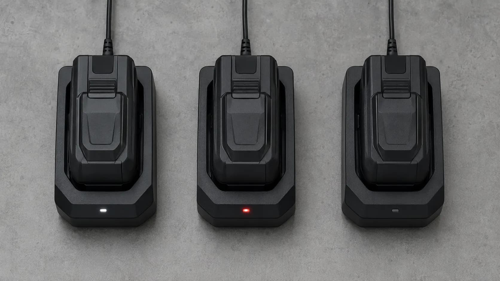 Three identical cordless battery packs seated in different chargers, each showing a different indicator light state at the same point in the charging cycle.