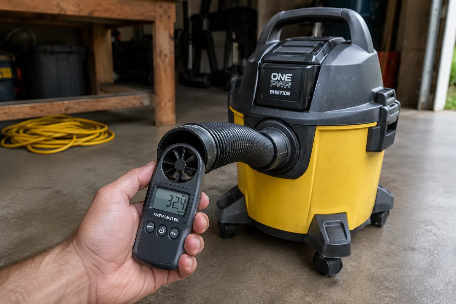 Anemometer measuring airflow at the hose of a Hoover ONEPWR utility wet dry vac on a garage floor.