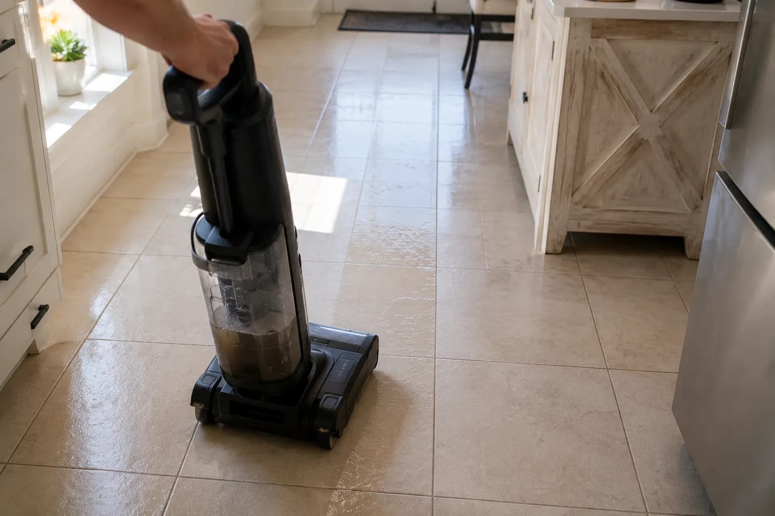 Hoover Streamline hard floor washer cleaning ceramic tile with a dirty water tank visible during the test.