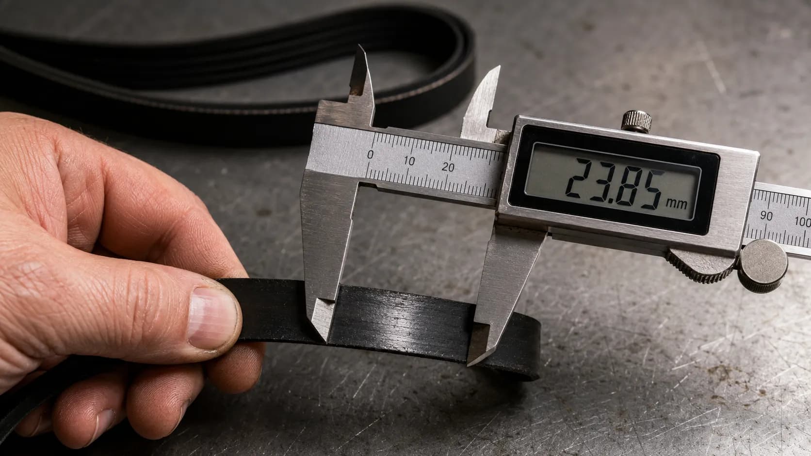 Digital caliper measuring a used black Style 160 vacuum belt held taut by hand, with the glazed slipping surface visible and a newer belt blurred in the background.