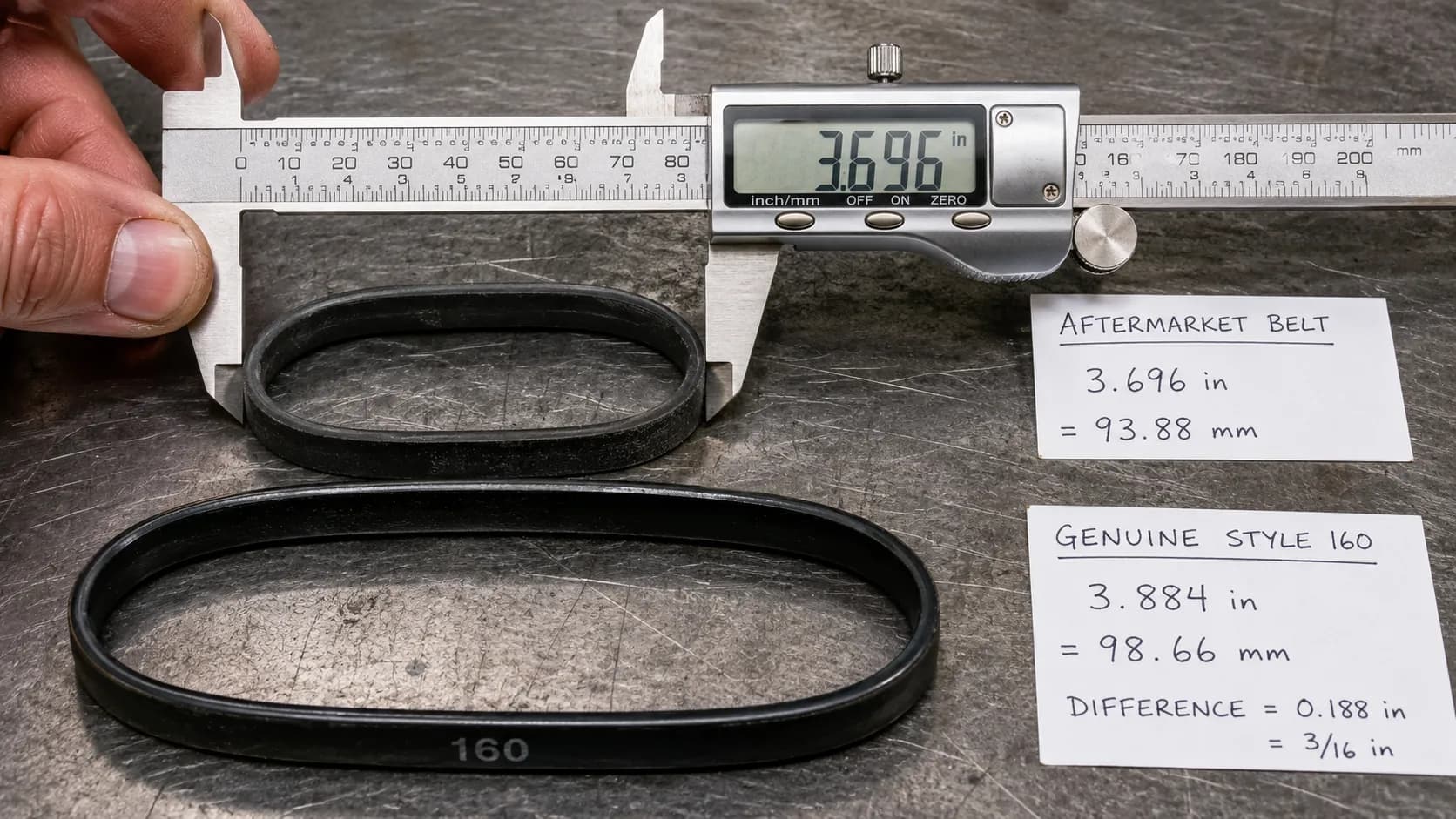 Digital caliper comparing an undersized aftermarket vacuum belt with a genuine Style 160 belt, showing a clear 3/16-inch difference in size.