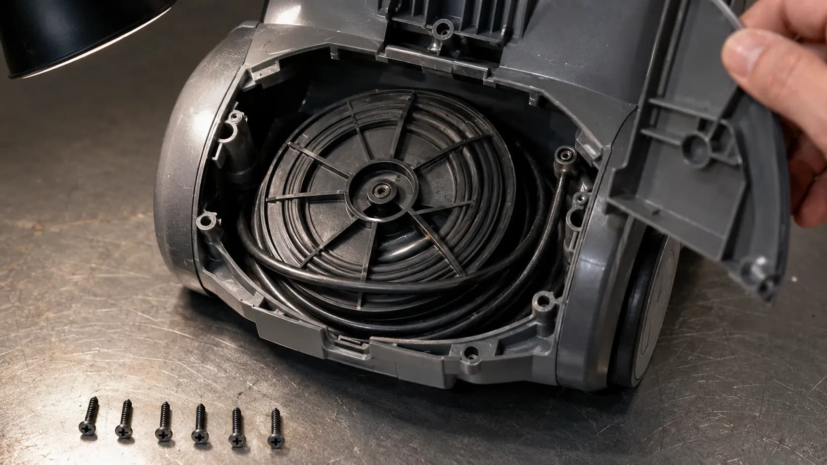Opened cord-reel housing of an upright vacuum showing the power cord crossed and trapped under itself on the spool, with five Phillips screws lined up on the workbench beside it.