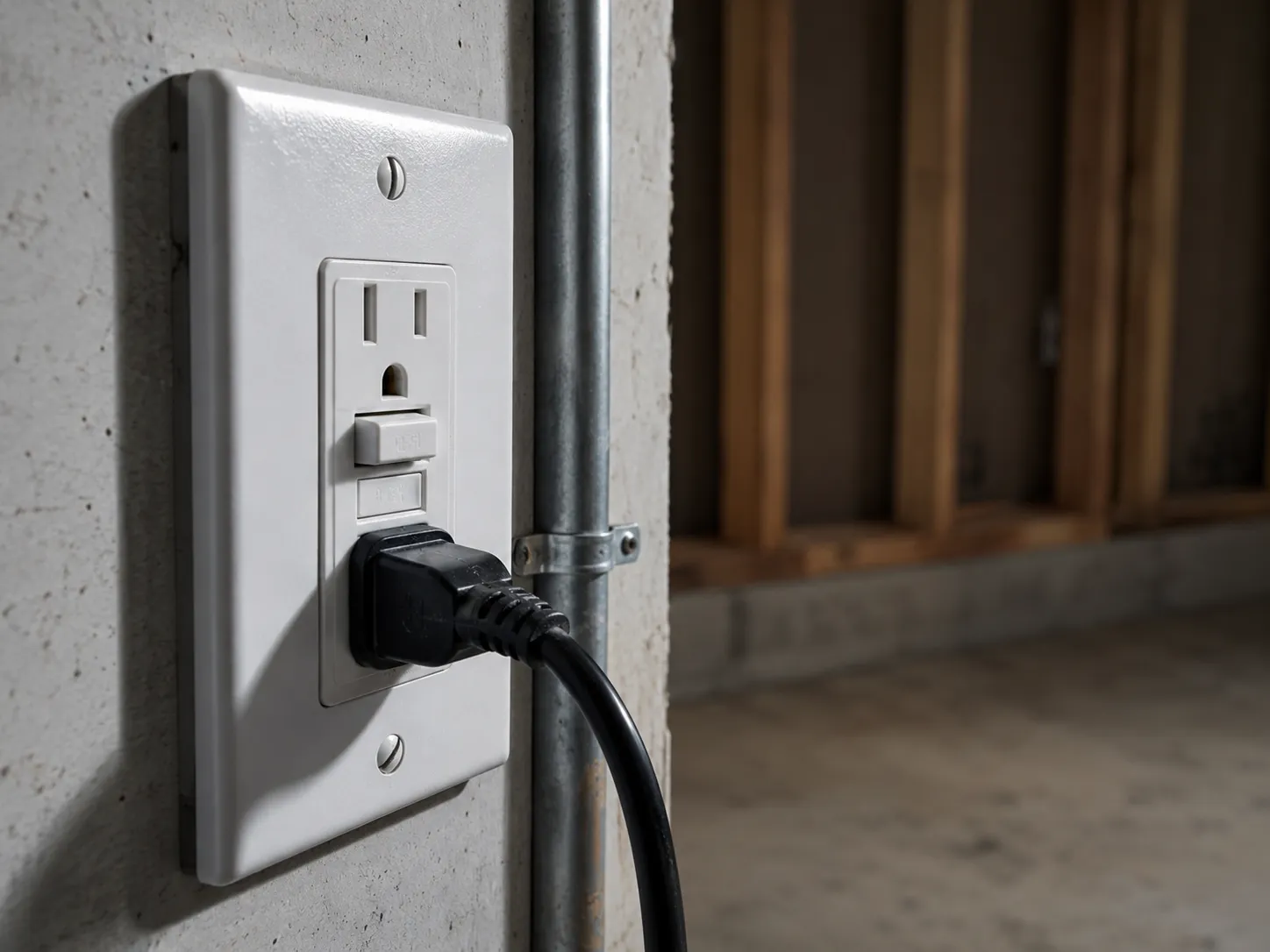 Close-up of a tripped GFCI garage outlet with the vacuum still plugged in, showing that the shutdown may be caused by the outlet rather than the vacuum.