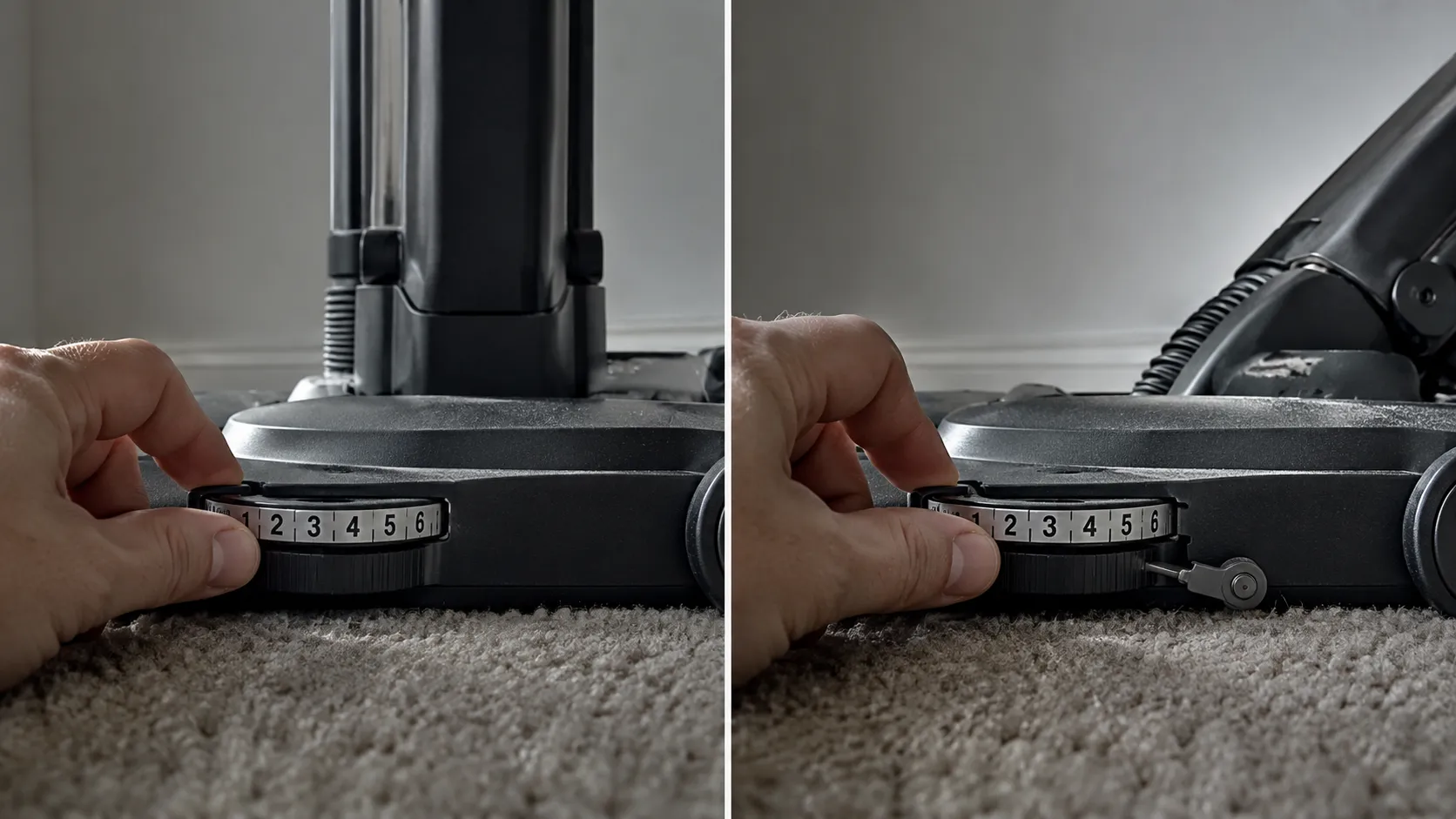 Two-panel comparison of a Hoover upright vacuum height-adjustment dial, showing the handle upright with the dial turning without engagement on the left and the handle reclined with the linkage engaged