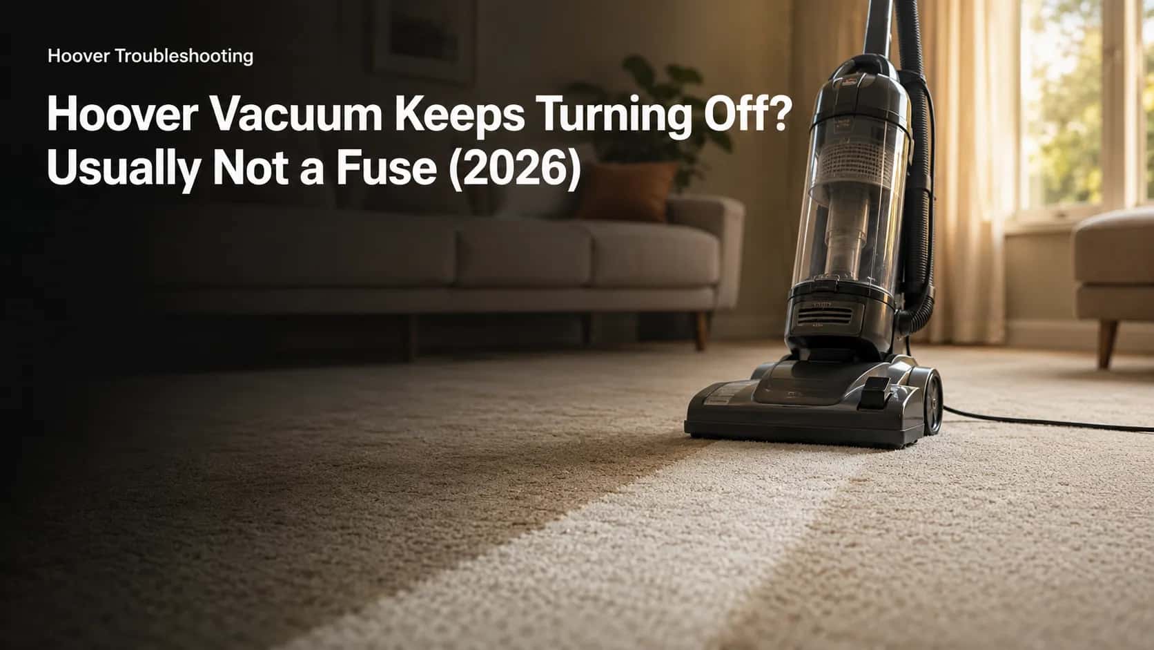 Upright vacuum standing switched off on a pale carpet where a clean vacuumed stripe stops halfway across the room, illustrating an unexpected shutdown during use.