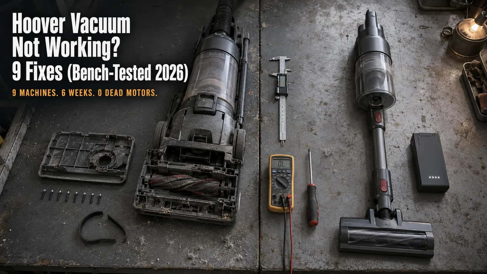 Overhead workbench comparison of an upright vacuum with its bottom plate removed and snapped drive belt beside a cordless stick vacuum with its battery pack ejected and indicator lights on.