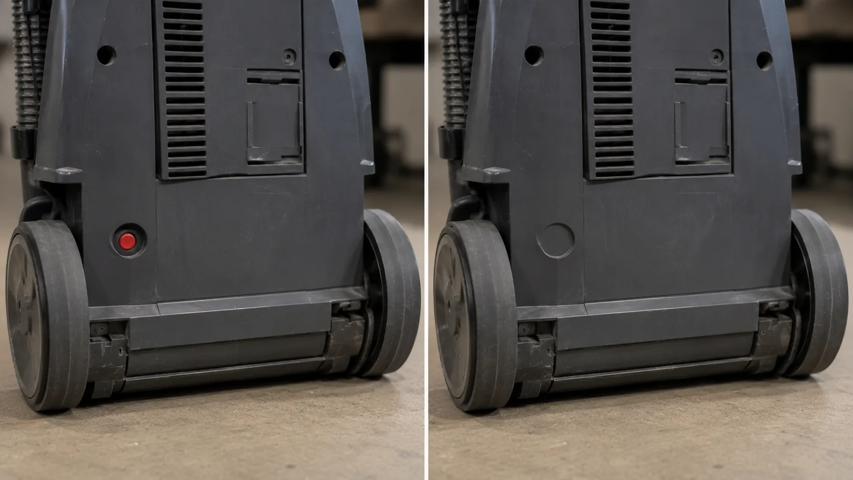 Side-by-side rear view of two upright vacuums, one with a red overload reset button above the wheel and one without a button in the same location.