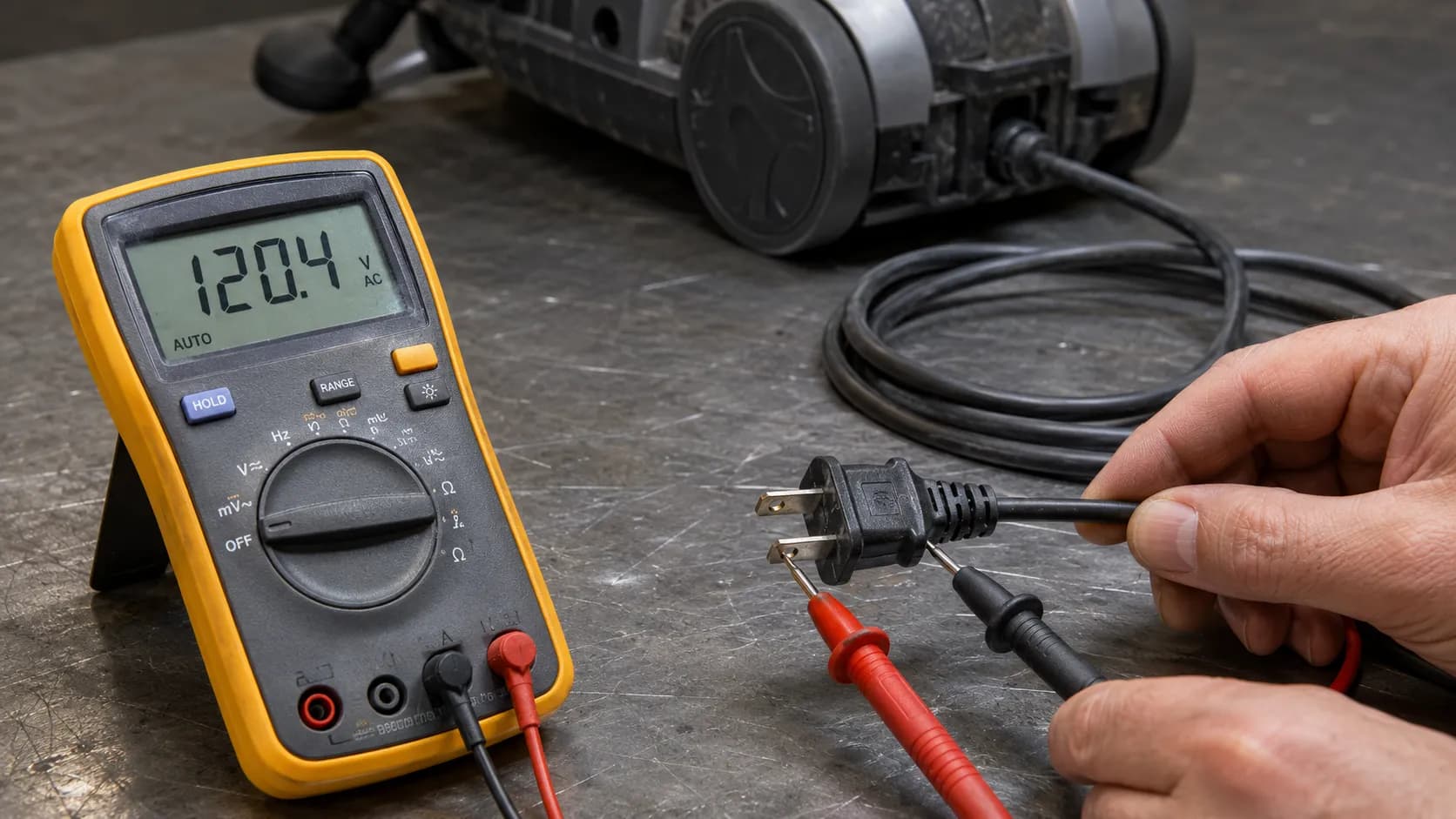 Digital multimeter probes testing the two flat pins of an unplugged vacuum power plug while a hand steadies the cord on a workshop bench.