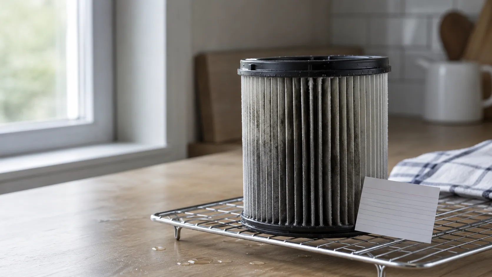 Damp pleated vacuum filter standing on a wire drying rack beside a handwritten timing card and folded towel on a kitchen worktop.