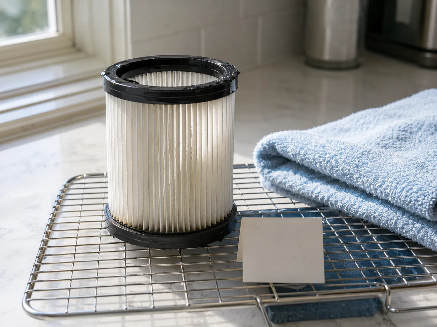 Clean damp pleated vacuum filter drying upright on a wire rack beside a folded towel before being reinstalled after 24 hours.