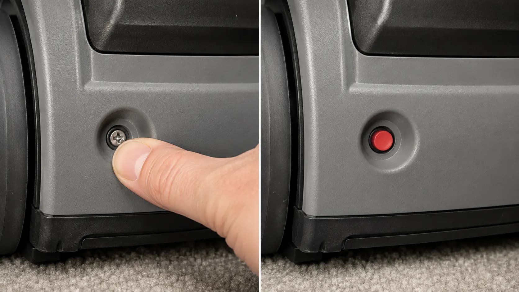 Side-by-side close-up of a recessed Phillips screw mistaken for a reset button and a genuine red overload reset button on an upright vacuum.