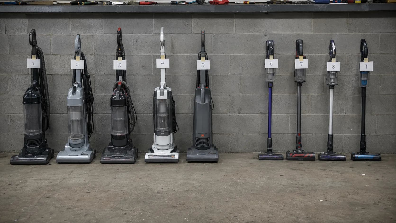 Nine test vacuums lined up on a workshop floor, with five corded uprights on the left and four cordless stick models on the right, each marked with a numbered index card.