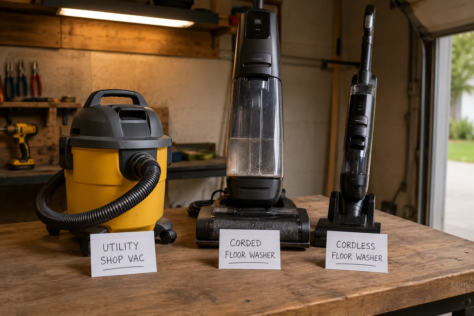 Three Hoover wet dry vac categories grouped on a garage workbench with index cards labeling each machine type.