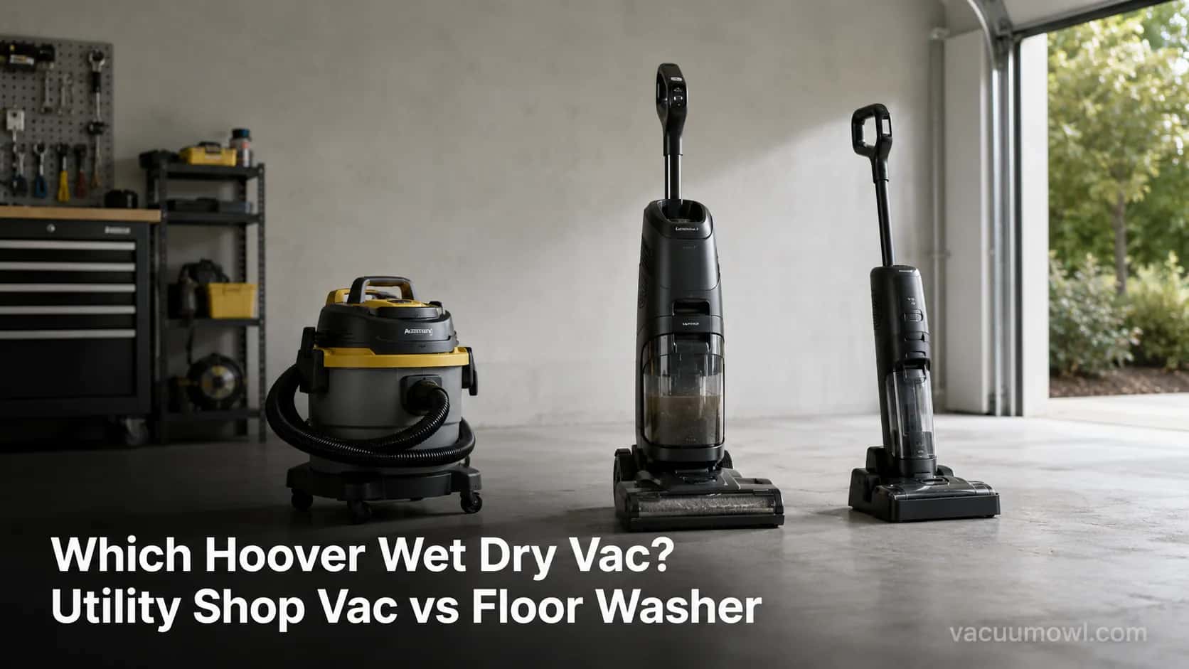 Three Hoover wet dry vac machines side by side in a garage, a utility shop vac, a corded floor washer and a cordless vac mop.