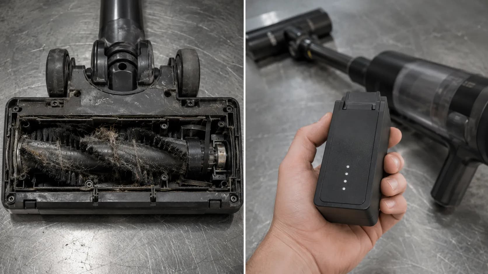 Split-frame comparison showing an upright vacuum’s exposed brushroll belt and motor spindle on the left, and a cordless vacuum battery pack with four fuel-gauge LEDs on the right.