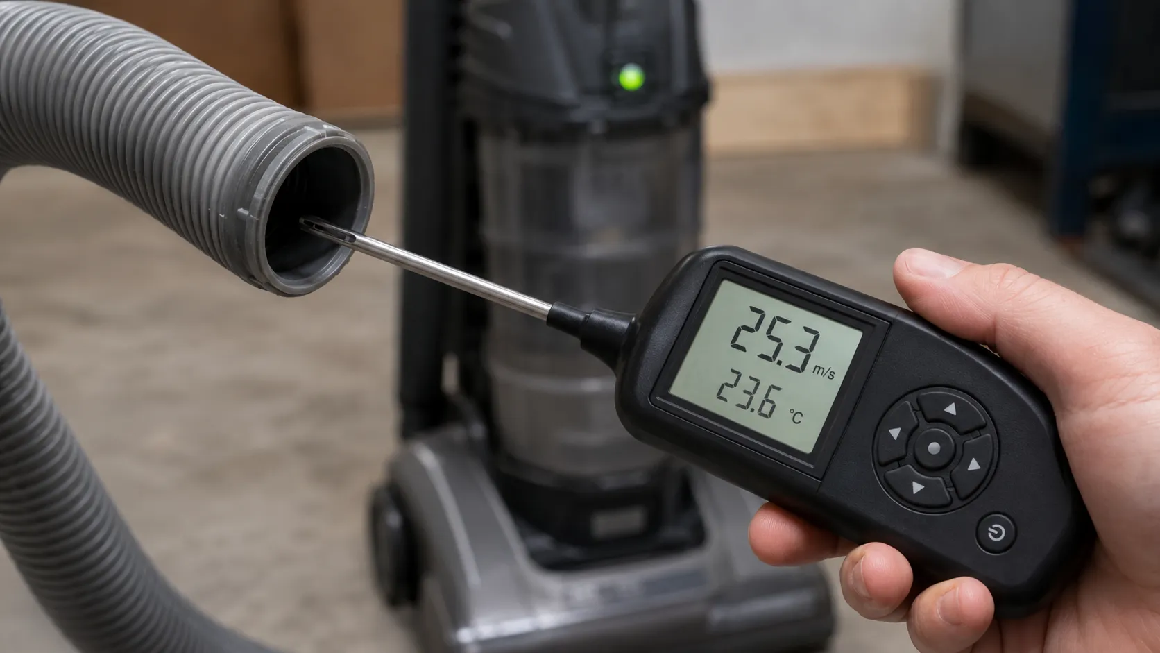 Handheld anemometer measuring airflow at the cuff of a corrugated vacuum hose while the upright machine runs in the background.